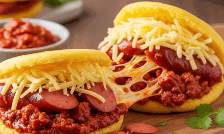 Renueva tus arepas con salchichas en salsa de chorizo y queso amarillo rallado